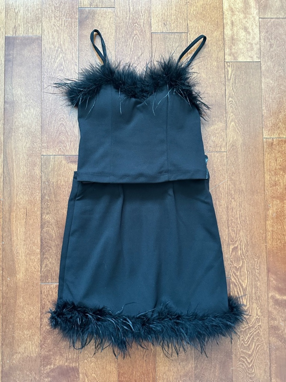 Black Feather-Trim Mini Dress Set - Picture 2 of 5